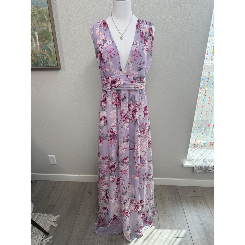 Lulus Heavenly Hues Lavender Floral Print Maxi Dress V-Neck Slit Gown‎ Womens L